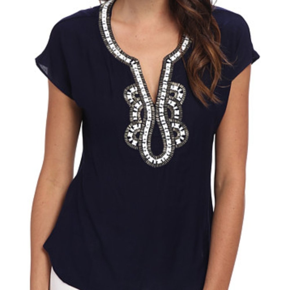 NWT LILLY PULITZER VALENCIA BEADED TOP NAVY (S53)